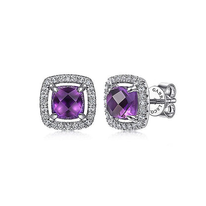 Gabriel & Co. EG13960W45AM 14K White Gold Cushion Cut Amethyst and Diamond Halo Stud Earrings