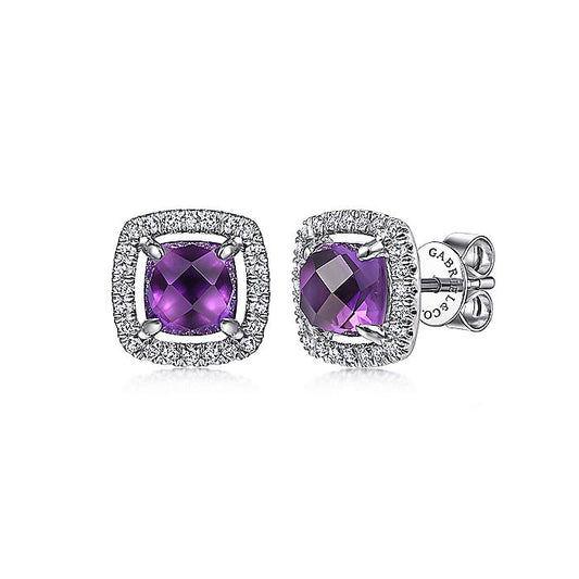 Gabriel & Co. EG13960W45AM 14K White Gold Cushion Cut Amethyst and Diamond Halo Stud Earrings