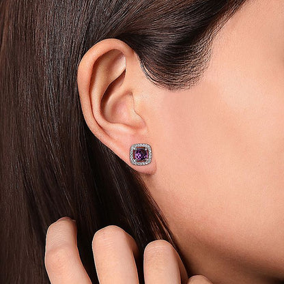 Gabriel & Co. EG13960W45AM 14K White Gold Cushion Cut Amethyst and Diamond Halo Stud Earrings