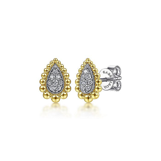 Gabriel & Co. EG13978M45JJ 14K Yellow-White Gold Teardrop Shape Beaded Frame Diamond Stud Earrings