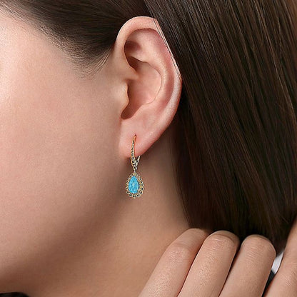 Gabriel & Co. EG13980Y4JXT 14K Yellow Gold Teardrop Blue Turquoise with Beaded Frame Drop Earrings