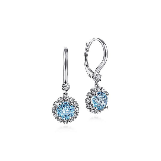 Gabriel & Co. EG14267W45BT 14K White Gold Round Blue Topaz and Diamond Halo Drop Earrings