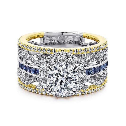 Gabriel & Co. ER12189R4M44SA 14K White-Yellow Gold Round Halo Sapphire and Diamond Engagement Ring