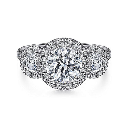 Gabriel & Co. ER6744W83JJ 18K White Gold Round Three Stone Halo Diamond Engagement Ring