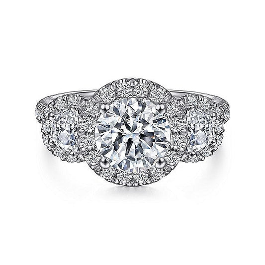 Gabriel & Co. ER6744W83JJ 18K White Gold Round Three Stone Halo Diamond Engagement Ring