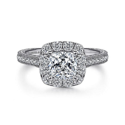 Gabriel & Co. ER7500W44JJ Vintage Inspired 14K White Gold Cushion Halo Diamond Engagement Ring