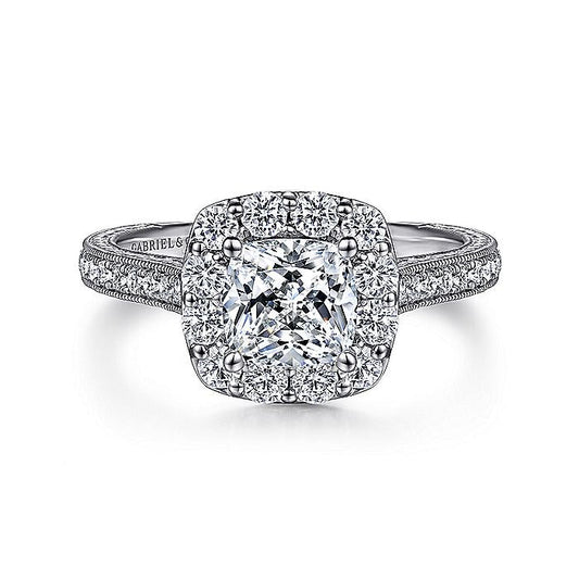 Gabriel & Co. ER7500W44JJ Vintage Inspired 14K White Gold Cushion Halo Diamond Engagement Ring