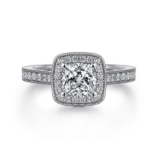 Gabriel & Co. ER7527W44JJ Vintage Inspired 14K White Gold Cushion Halo Diamond Engagement Ring