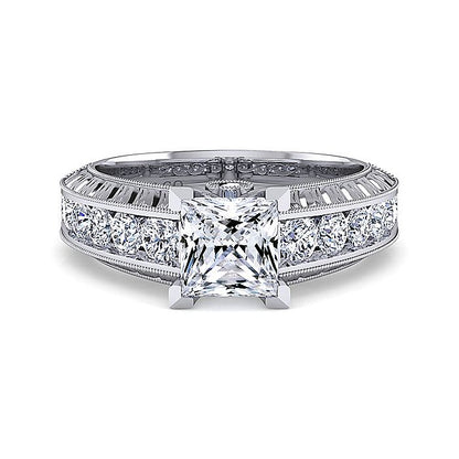Gabriel & Co. ER8747S8W44JJ Vintage Inspired 14K White Gold Wide Band Princess Cut Diamond Engagement Ring