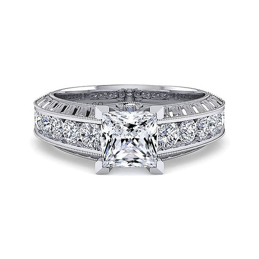 Gabriel & Co. ER8747S8W44JJ Vintage Inspired 14K White Gold Wide Band Princess Cut Diamond Engagement Ring