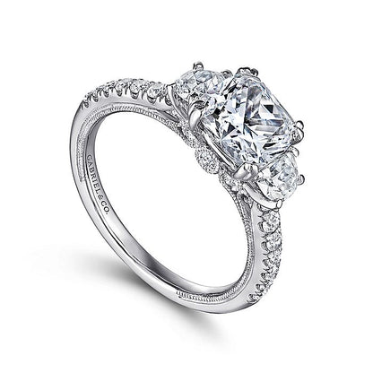 Gabriel & Co. ER9186W44JJ 14K White Gold Cushion Cut Three Stone Diamond Engagement Ring