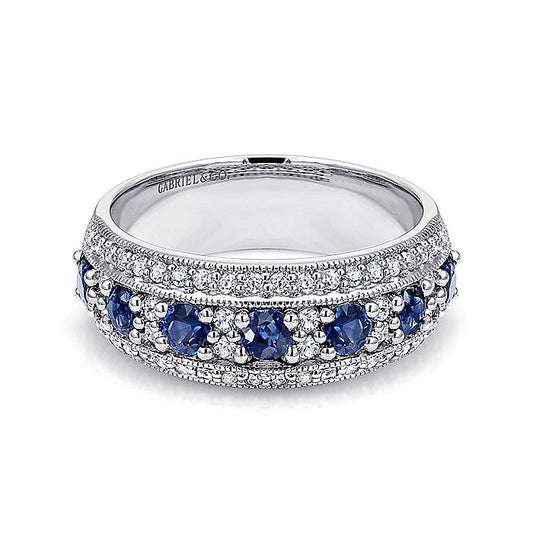 Gabriel & Co. LR4503W44SA 14k White Gold Vintage Inspired Alternating Sapphire and Diamond Band