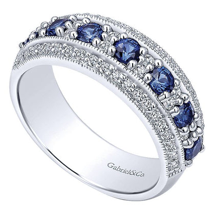 Gabriel & Co. LR4503W44SA 14k White Gold Vintage Inspired Alternating Sapphire and Diamond Band