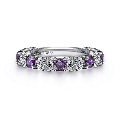 Gabriel & Co. LR4928W45AM 14K White Gold Alternating Amethyst and Diamond Station Ring