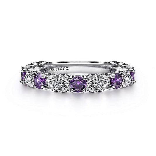 Gabriel & Co. LR4928W45AM 14K White Gold Alternating Amethyst and Diamond Station Ring