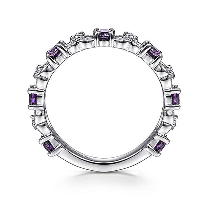 Gabriel & Co. LR4928W45AM 14K White Gold Alternating Amethyst and Diamond Station Ring