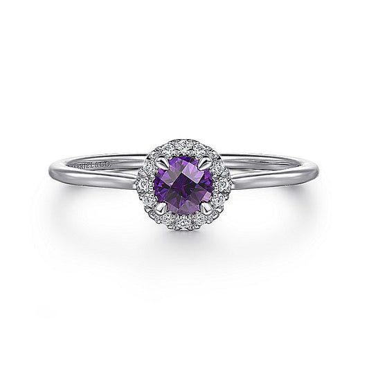 Gabriel & Co. LR51264W45AM 14K White Gold Amethyst Diamond Halo Promise Ring