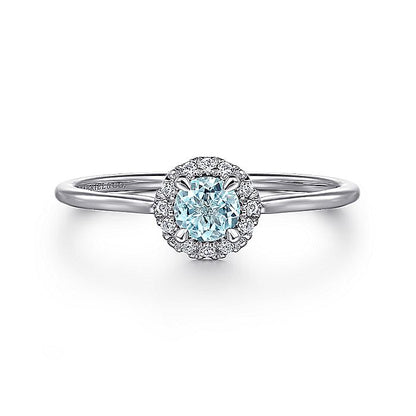 Gabriel & Co. LR51264W45AQ 14K White Gold Aquamarine Diamond Halo Promise Ring