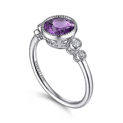 Gabriel & Co. LR51448W45AM 14K White Gold Round Bezel Set Amethyst and Diamond Ring