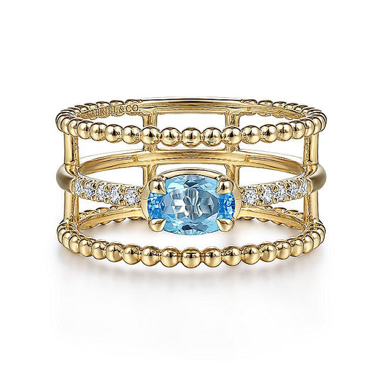Gabriel & Co. LR51458Y45BT 14K Yellow Gold Oval Swiss Blue Topaz and Diamond Three Row Ring