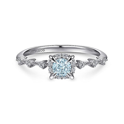 Gabriel & Co. LR51467W45AQ 14K White Gold Round Aquamarine and Diamond Halo Ring