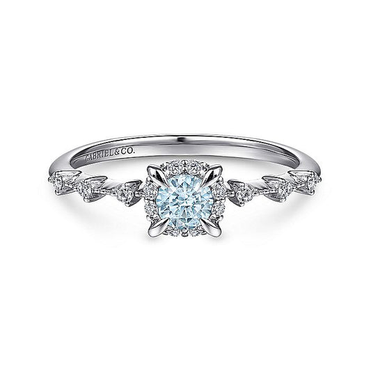 Gabriel & Co. LR51467W45AQ 14K White Gold Round Aquamarine and Diamond Halo Ring