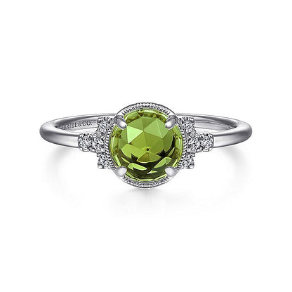 Gabriel & Co. LR51598W45PE 14K White Gold Round Bezel Set Peridot Ring with Diamond Side Accents
