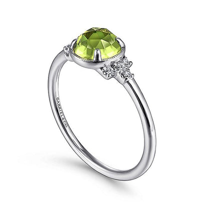 Gabriel & Co. LR51598W45PE 14K White Gold Round Bezel Set Peridot Ring with Diamond Side Accents