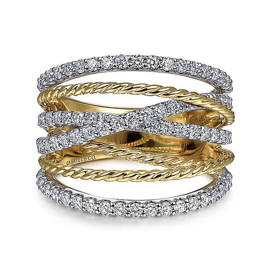 Gabriel & Co. LR51623M45JJ 14K White-Yellow Gold Twisted Rope and Diamond Multi Row Ring