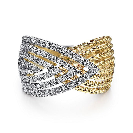 Gabriel & Co. LR51625M45JJ 14K White-Yellow Gold Twisted Rope and Diamond Overlapping Triangle Ring
