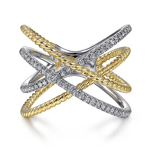 Gabriel & Co. LR51630M45JJ 14K White-Yellow Gold Twisted Rope and Diamond Criss Cross Ring