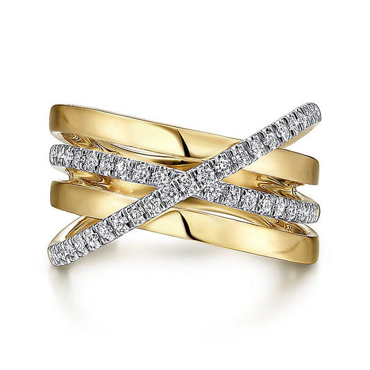 Gabriel & Co. LR51637M45JJ 14K White-Yellow Gold Polished Band and Diamond Row Criss Cross Ring