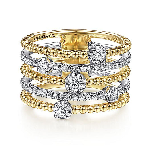 Gabriel & Co. LR51662M45JJ 14K White-Yellow Gold Five Row Bujukan Ball and Diamond Station Ring