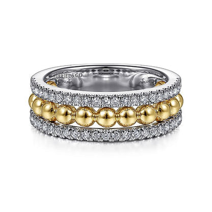 Gabriel & Co. LR51778M45JJ 14K White-Yellow Gold Three Row Diamond and Bujukan Bead Center Ring