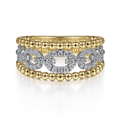 Gabriel & Co. LR51783M45JJ 14K White-Yellow Gold Pavé Diamond Link and Bujukan Bead Ring
