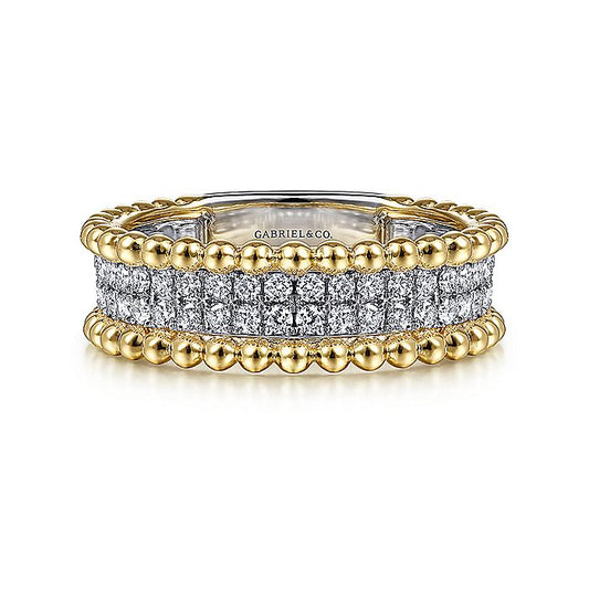 Gabriel & Co. LR52019M45JJ 14K White-Yellow Gold Three Row Diamond and Bujukan Bead Ring