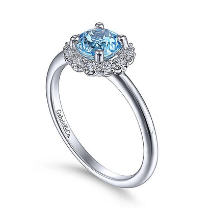Gabriel & Co. LR52024W45BT 14K White Gold Round Blue Topaz and Diamond Halo Ring