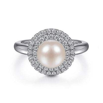 Gabriel & Co. LR52025W45PL 14K White Gold Pearl Ring with Diamond Double Halo