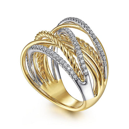 Gabriel & Co. LR52031M45JJ 14K White-Yellow Gold Twisted Rope and Diamond Criss Cross Ring