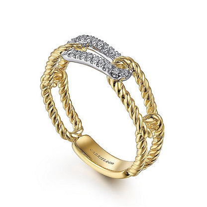 Gabriel & Co. LR52196M45JJ 14K White-Yellow Gold Hampton Link Ring with Diamond Station