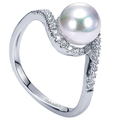 Gabriel & Co. LR6082W45PL 14k White Gold Cultured Pearl Diamond Bypass Ring