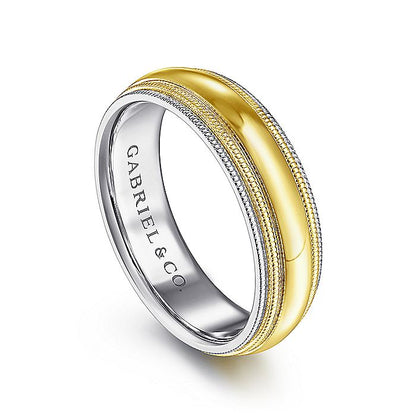 Gabriel & Co. MBH0173-60M4JJJ 14K White-Yellow Gold 6mm - Polished Center and Milgrain Edge Men's Wedding Band