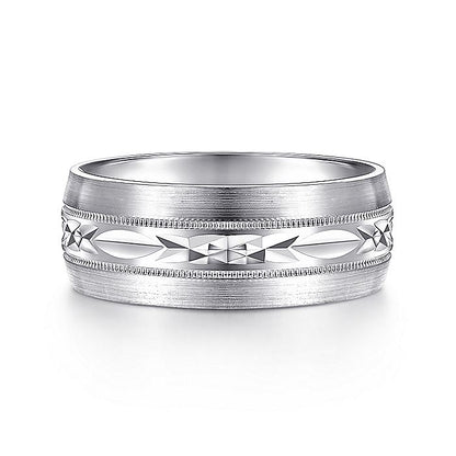Gabriel & Co. MBM0103-80W4JJJ 14K White Gold 8mm - Engraved Center Pattern, Milgrain Channel Men's Wedding Band
