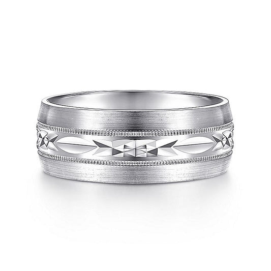 Gabriel & Co. MBM0103-80W4JJJ 14K White Gold 8mm - Engraved Center Pattern, Milgrain Channel Men's Wedding Band