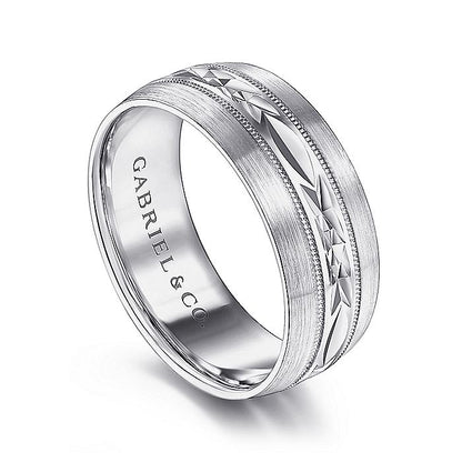 Gabriel & Co. MBM0103-80W4JJJ 14K White Gold 8mm - Engraved Center Pattern, Milgrain Channel Men's Wedding Band
