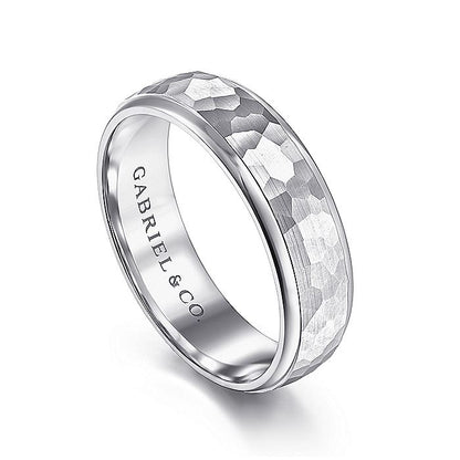 Gabriel & Co. MBM0112-60W4JJJ 14K White Gold 6mm -  Hammered Center and Polished Edge Men's Wedding Band