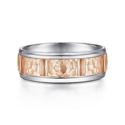 Gabriel & Co. MBM0116-70T4JJJ 14K White-Rose Gold 7mm - Hammered Center and Rounded Edge Men's Wedding Band