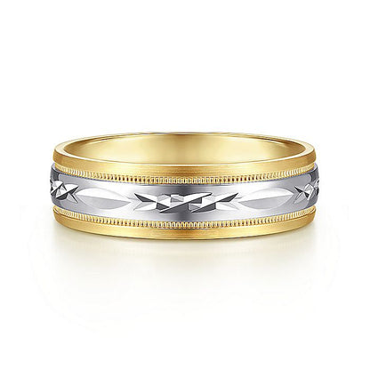 Gabriel & Co. MBM0119-60M4JJJ 14K White-Yellow 6mm - Engraved Center and Millgrain Channel Men's Wedding Band