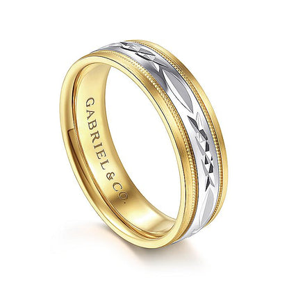 Gabriel & Co. MBM0119-60M4JJJ 14K White-Yellow 6mm - Engraved Center and Millgrain Channel Men's Wedding Band