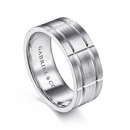 Gabriel & Co. MBM0142-80W4JJJ 14K White Gold 8mm - Grooved Elongated Checkered Pattern Men's Wedding Band